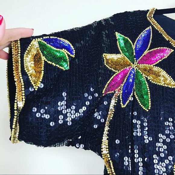 VINTAGE 100% Silk Sequined Black Floral Blouse S - Picture 3 of 8